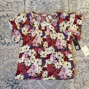Olivia Grey Floral Short-Sleeve Pleated Blouse in Multi-Color